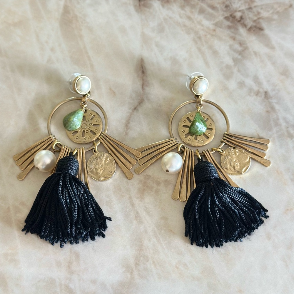 Oscar de la Renta Gold and Black Tassel Earrings